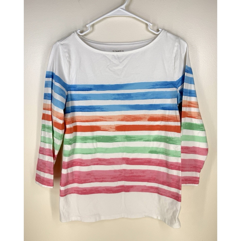 Talbots Tee Small Boatneck Watercolor Stripes 3/4 Sleeves Cotton Stretch Beach